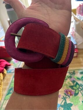 Colorblock Red Suede Belt with Pink Buckle and Multicolor Loops size Small 80s